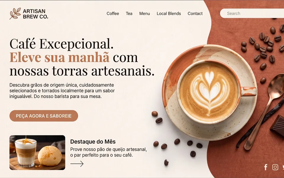 Exemplo de landing page de cafeteria em desktop
